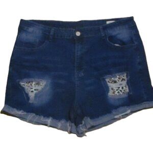 Distressed Denim Shorts With Leopard Print Patches Frayed Hem 3XL Blue